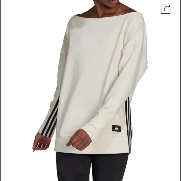 adidas Off the shoulder boat neck three stripe tunic sweatshirt Small Cream - Picture 1 of 6